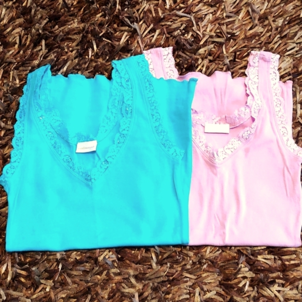 Two cotton and lace V neck tank tops size Small Turquoise and Pink. New